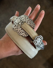 Vintage Cream Leather Western Ranger Belt with Engraved Silver Hardware