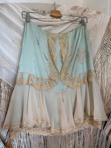 80’s does 20’s seafoam silk & ivory lace  layered skirt | size 6