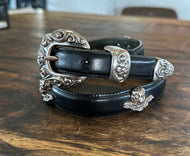 Vintage cherub concho black leather belt|size xs/s