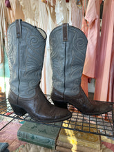 Vintage Dan Post Two-Tone Gray & Brown Teju Lizard Skin Cowboy Boots Women's Size 8C Wide