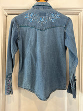 Vintage Western Embroidered Denim Purple Pearl Snap Button Up|Medium