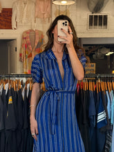 1940’s Blue Stripe Taffeta Hostess Dress | sm/m
