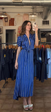 1940’s Blue Stripe Taffeta Hostess Dress | sm/m