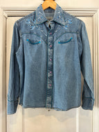 Vintage Western Embroidered Denim Purple Pearl Snap Button Up|Medium