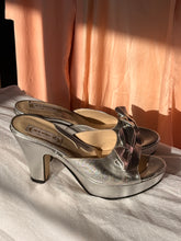 70’s EVOQUE Leather Metallic Silver Bow Platform Mule Heels | size 41