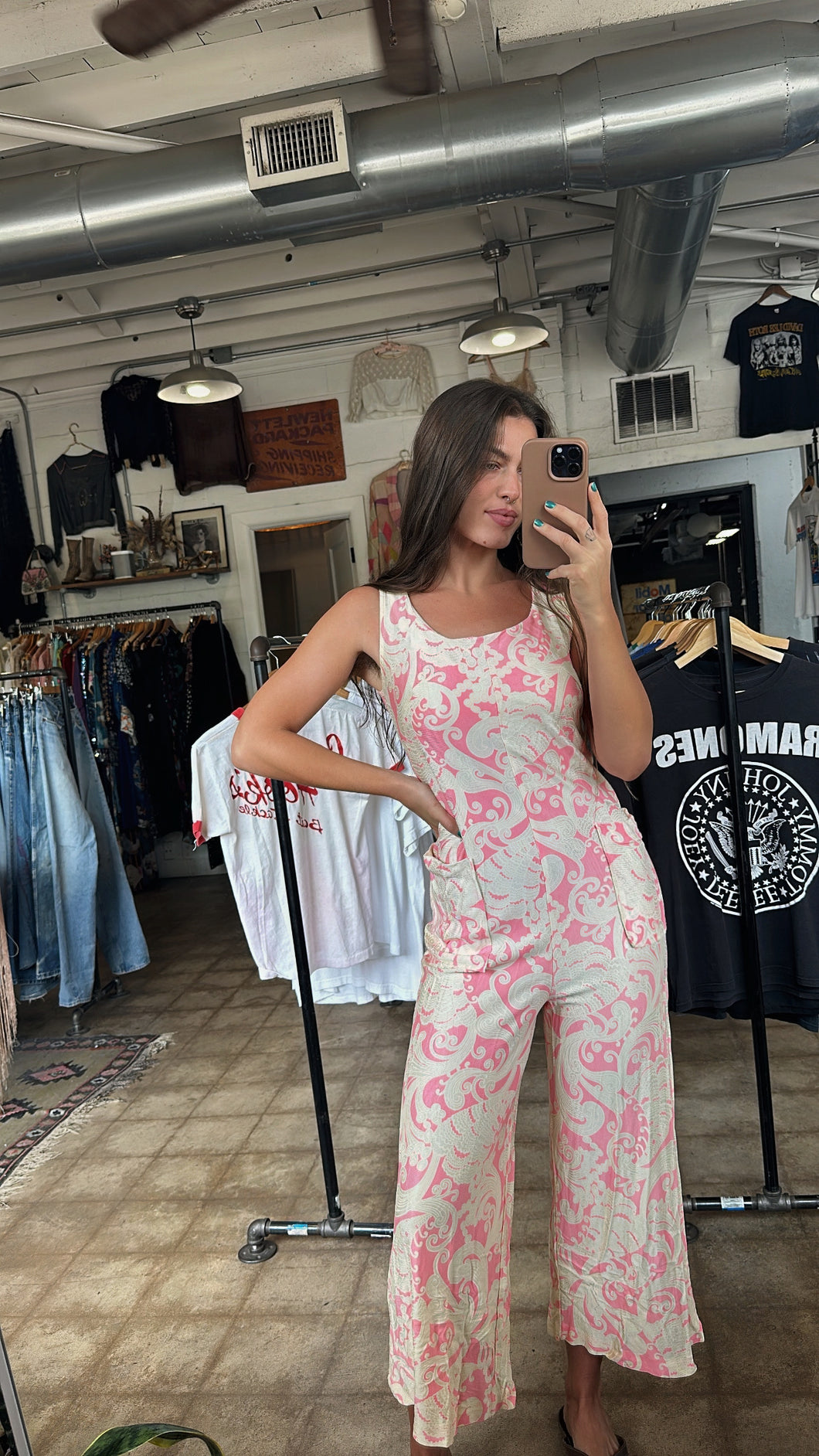 70’s pink + cream wide-leg jumpsuit
