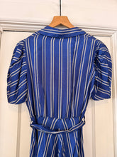 1940’s Blue Stripe Taffeta Hostess Dress | sm/m