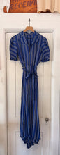 1940’s Blue Stripe Taffeta Hostess Dress | sm/m