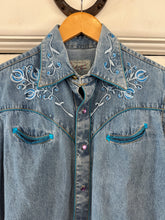 Vintage Western Embroidered Denim Purple Pearl Snap Button Up|Medium