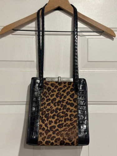Vintage Brighton leopard print shoulder bag with black leather and braided straps