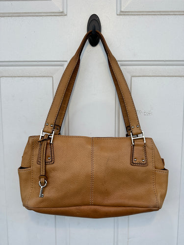 Vintage Fossil tan leather shoulder bag with silver hardware