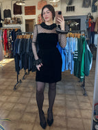 Vintage 1980’s Victor Costa black velvet + sheer polka dot dress